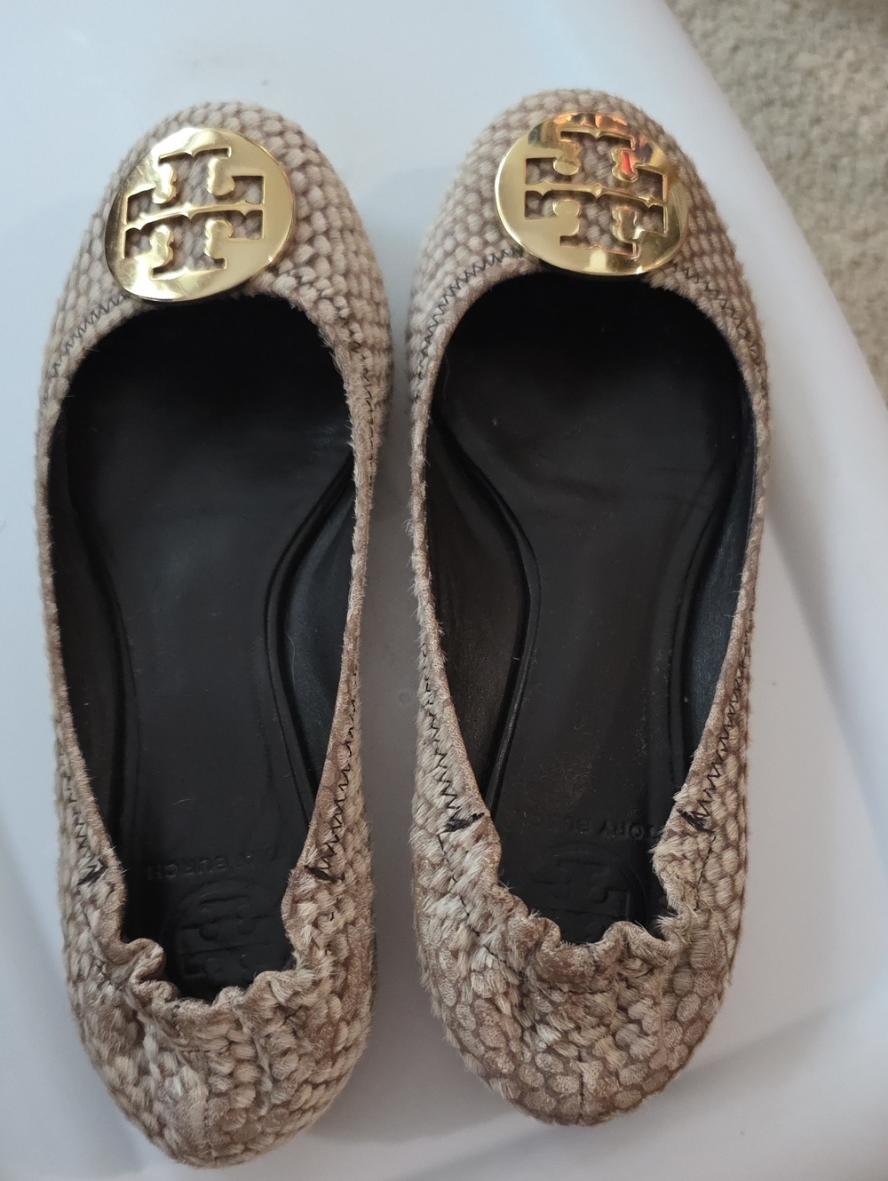 Tory Burch Woven Beige Ballet Flats with Gold Logo Medallion